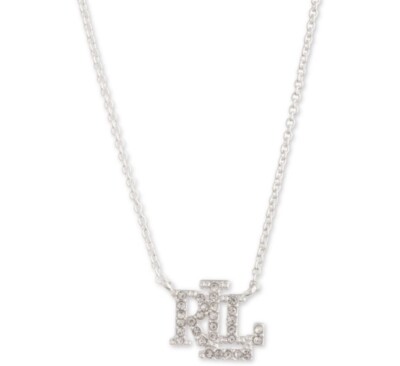 $38 NWT LAUREN RALPH LAUREN SILVER TONE  NECKLACE W/ LOGO CRYSTAL CHARM- LA17