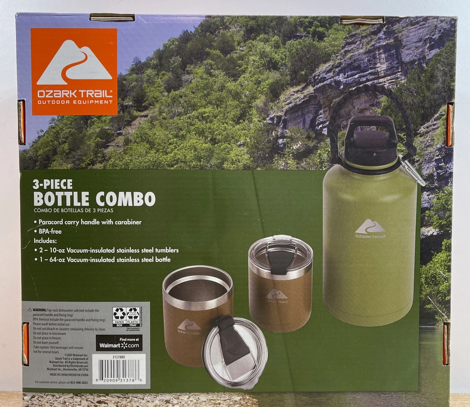 Combo de vaso de botella de vacío de acero inoxidable Ozark Trail de 3 piezas, verde/marrón  Foto 2 de 2