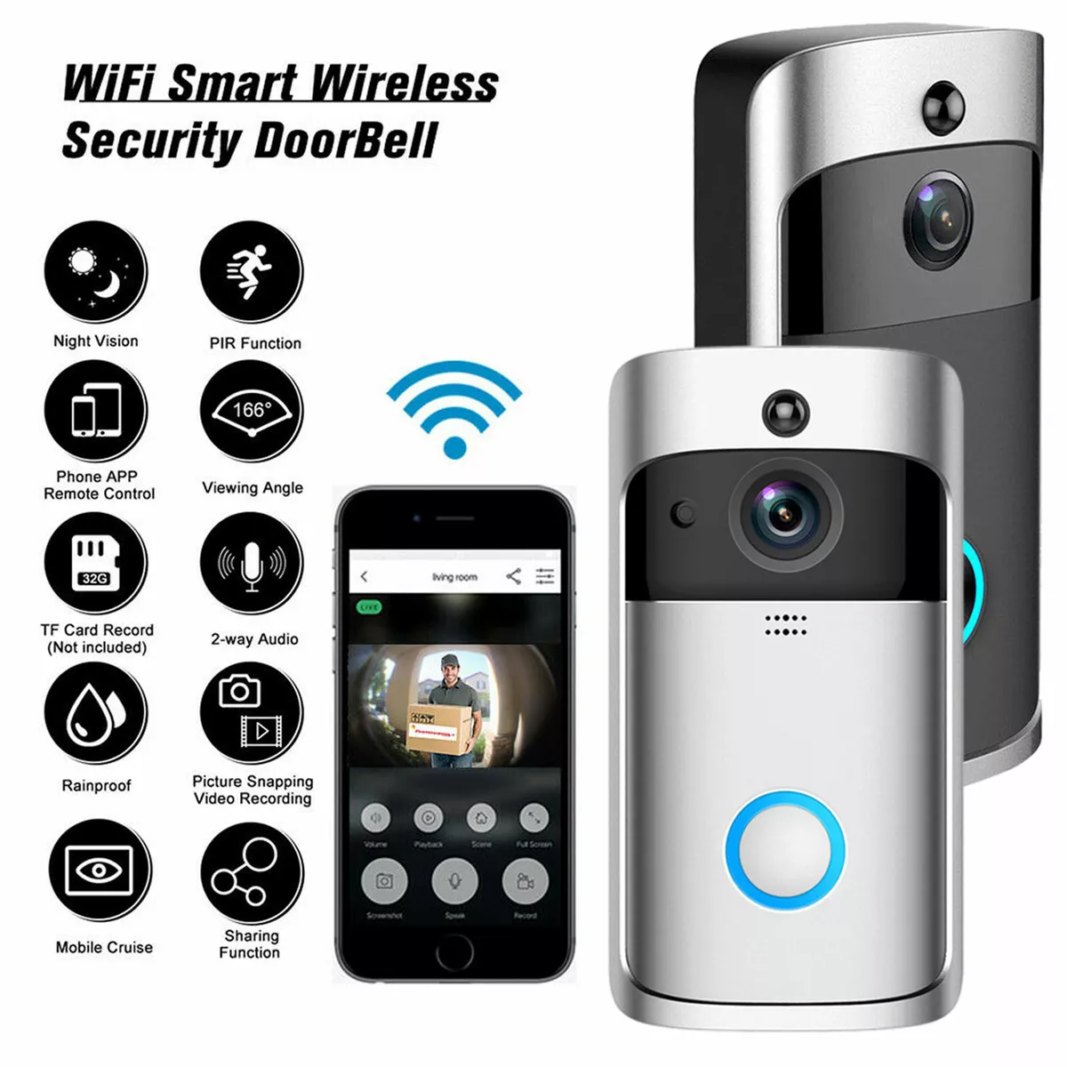 Video Doorbell Camera HD WiFi Doorbell Wireless Motion Detector Audio  Speaker