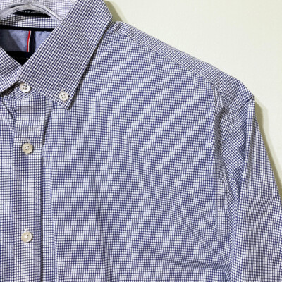 Tommy Hilfiger Navy Blue Check Dress Shirt 34/35 Slim Fit Non-Iron  Cotton - Main Image