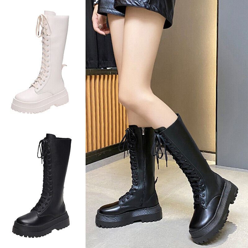 Womens Punk Knee High Boot Lace Up Chunky Heel Combat Boots