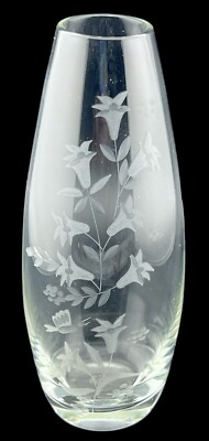 Vintage Crystal Bud Vase With Etched Flowers & Butterflies 6.5'' Tall Unmarked