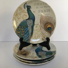 PRIMA DESIGNS 4 Peacock Dessert Appetizer Roll Plates Dishes 6" French Country