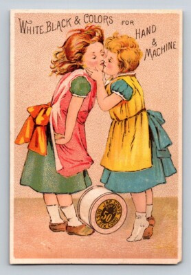Victorian Trade Card J.P. Coats Kissing Sisters Girl Friends Sewing 2.5'' x 4''