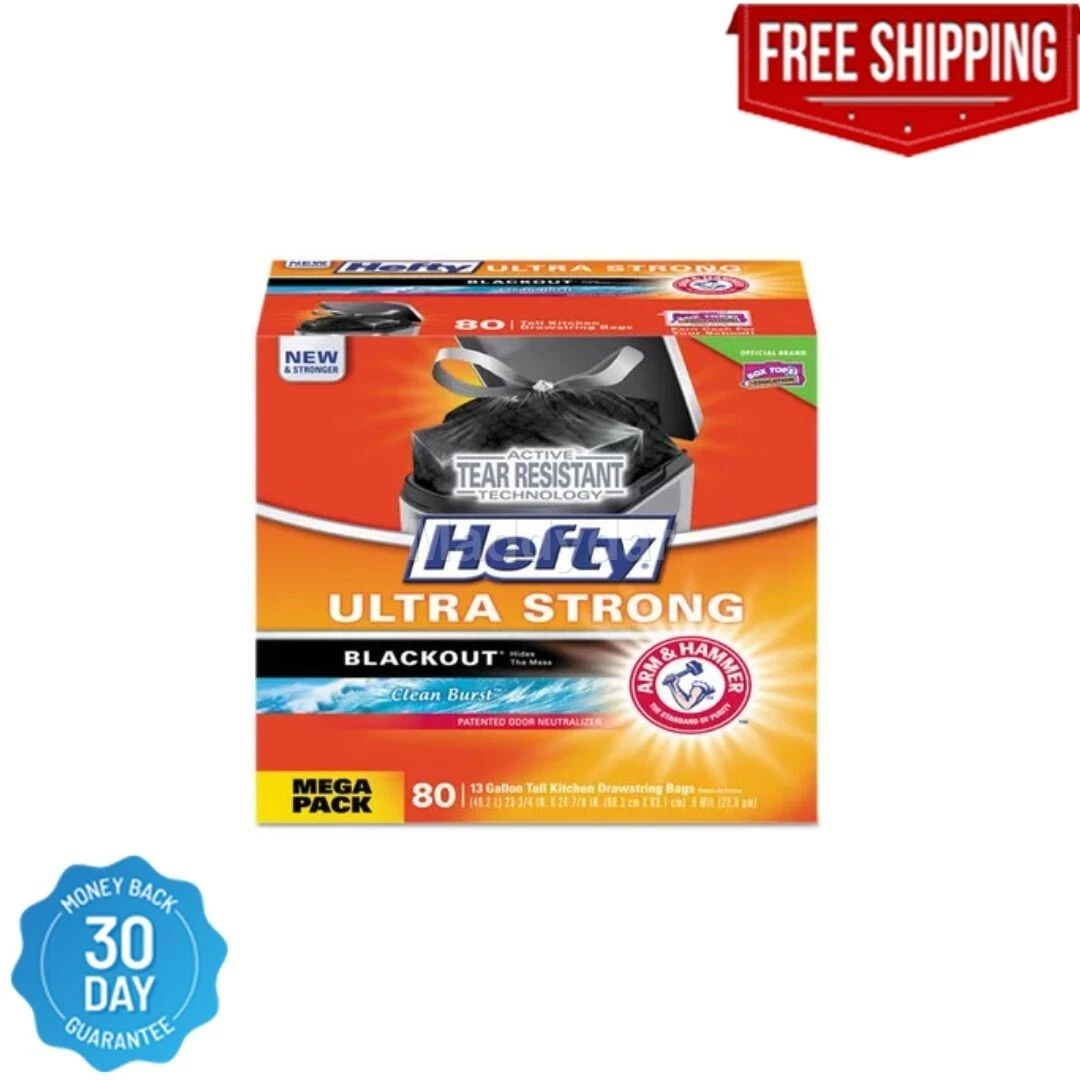 Hefty Ultra Strong Tall Kitchen Trash Bags, Blackout, Clean Burst, 13 Gallon,  80