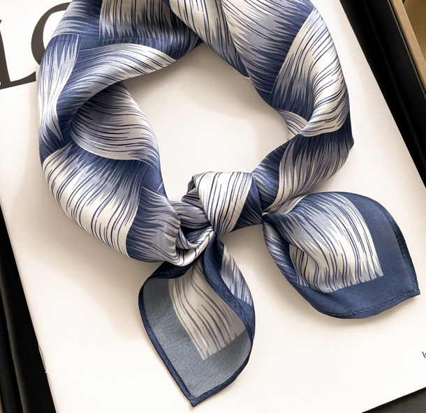 100% Silk Square Scarf Blue Geometric Print Womens Bandana 53cm