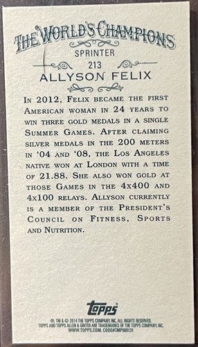 2014 Topps Allen & Ginter's World Athletes Mini "Allyson Felix" - Picture 2 of 2
