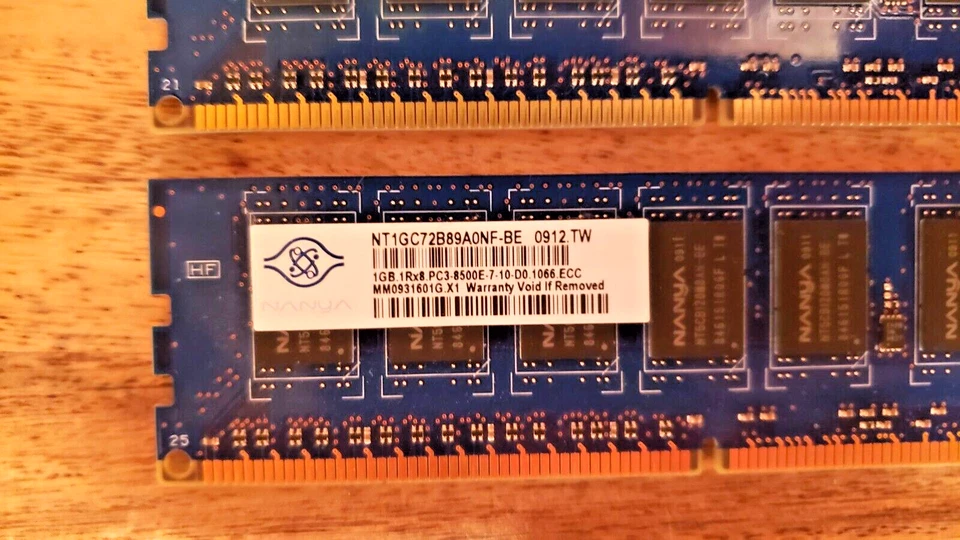 TWO STICKS x 1GB PC3-8500E-7-10 1066 DDR3 DIMM 1RX8 NT1GC72B89A0NF-BE - Image 2 of 2