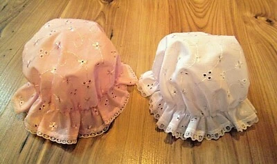 BRODERIE ANGLAISE PINK,WHITE MOP HAT BABY/DOLL SUMMER SUN CAP NEWBORN 00