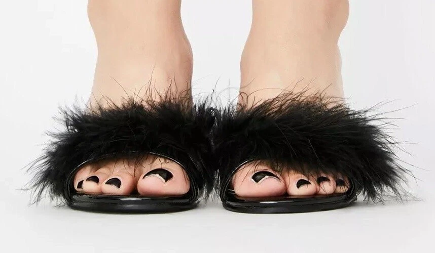 Ellie Sasha Maribou Kitten Heels Black Faux Feathers 3” Heel Party Club Fashion - Image 2 of 3