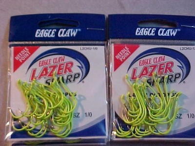50 NEW Eagle Claw Lazer Sharp Painted Octopus Hook Needle Point CHARTREUSE 1/0
