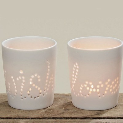 Windlicht Teelichthalter 2er Set Votivkerzen Wish Love Hochzeit Porzellan 8cm