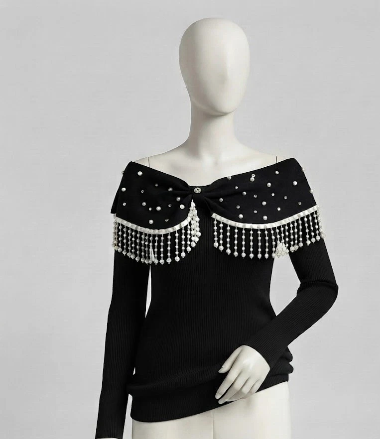 Vintage Boutique Pull noir tricot Bardot épaules dénudées perles franges 42 - Photo 3/4