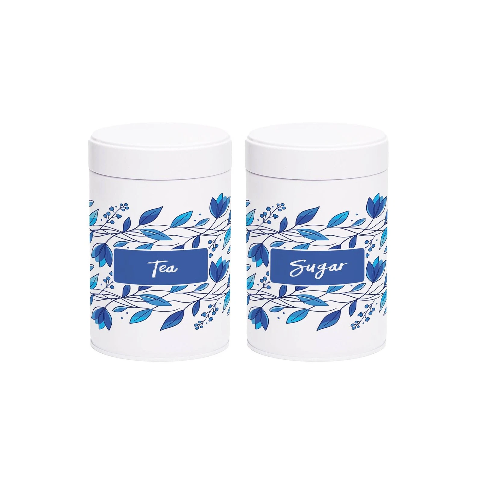 Blue Petals Tea & Sugar Canisters - Metal Screw Top 750ml Kitchen Storage Gift
