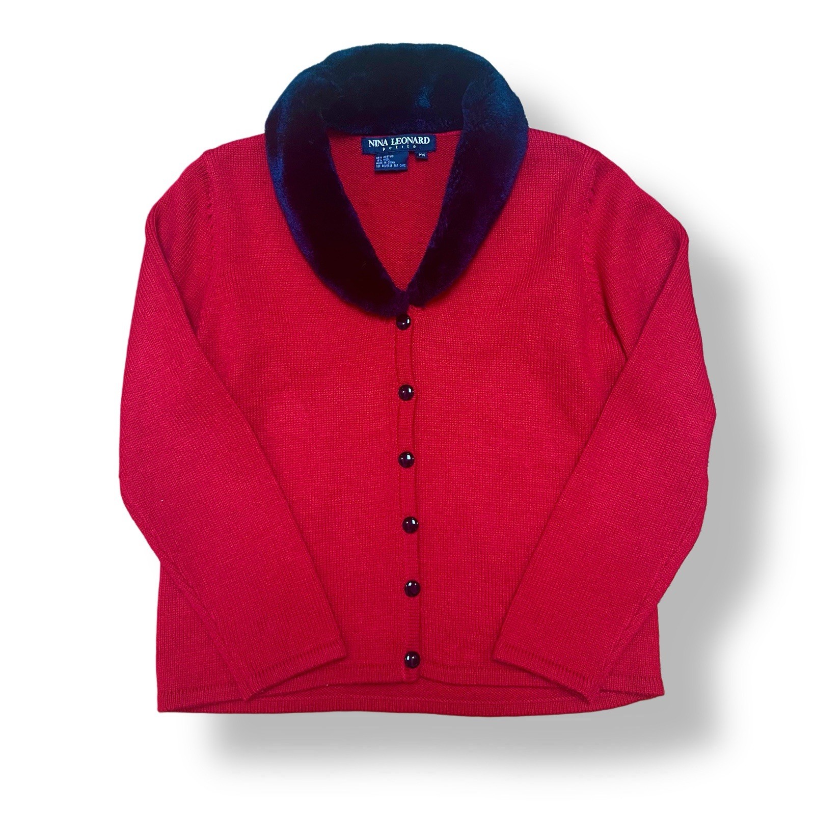 Nina Leonard Red Cardigan Sweater with Black Faux Fur Trim Sz Medium Holiday