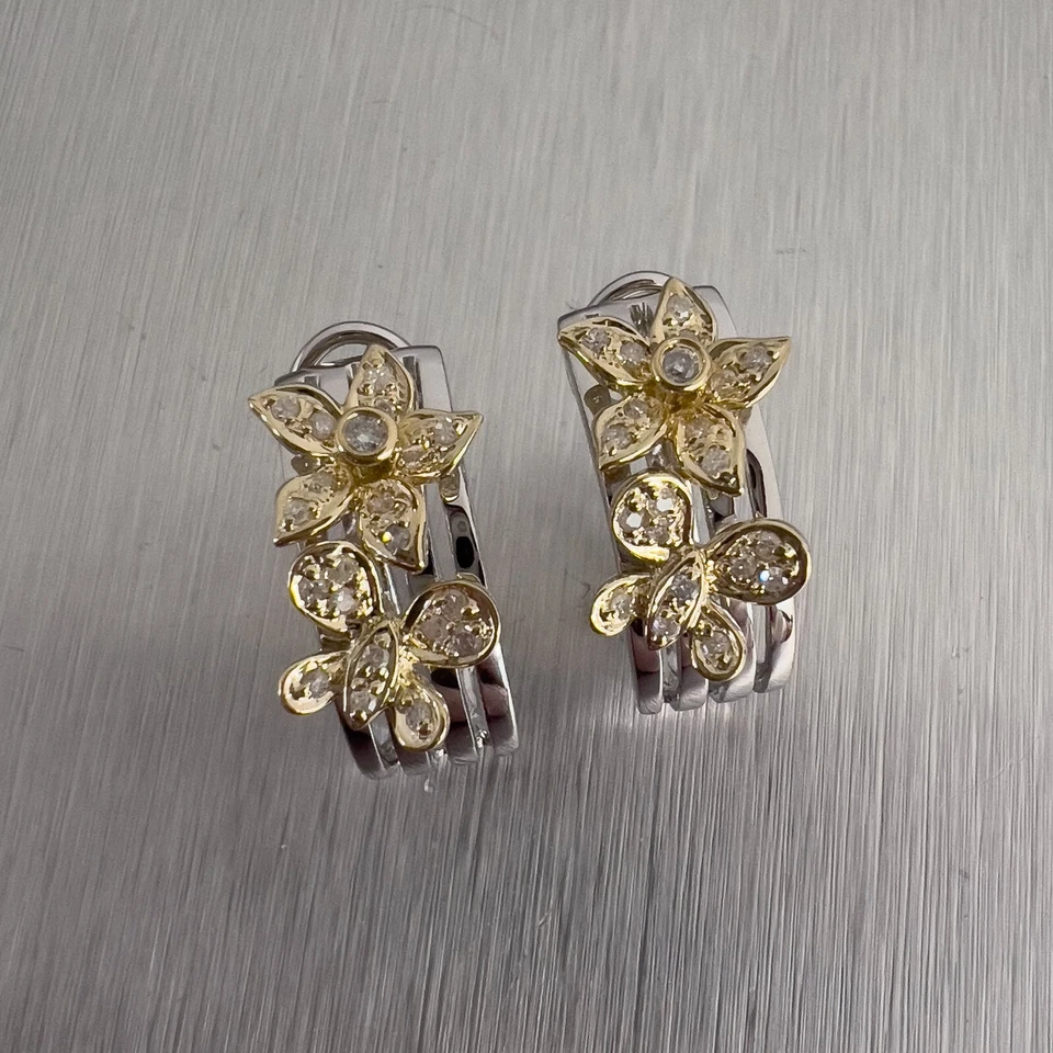 14k White & Yellow Gold Diamond Butterfly & Flower Earrings 0.30ctw H I1 6.8g - Image 3 of 4