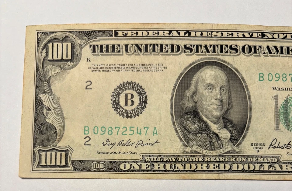 1950B $100 One Hundred Dollar Federal Reserve Note New York •Vintage US Currency - Image 3 of 4