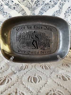 Vintage Carson Pewter-look Tray cast aluminum Give Us This Day Our Daily Bread