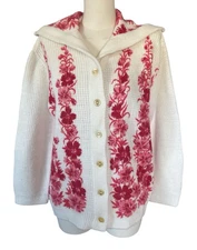 Vintage Carol Brent White Floral Collared Long Sleeve Button Up Sweater Women L