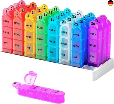 Pill Box Month 32 Days, Pill Box 31 Days, 4 Compartments, Morning, Noon, Evening