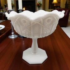 Smith Glass Cane/Arch Design Milk Glass Footed Compote