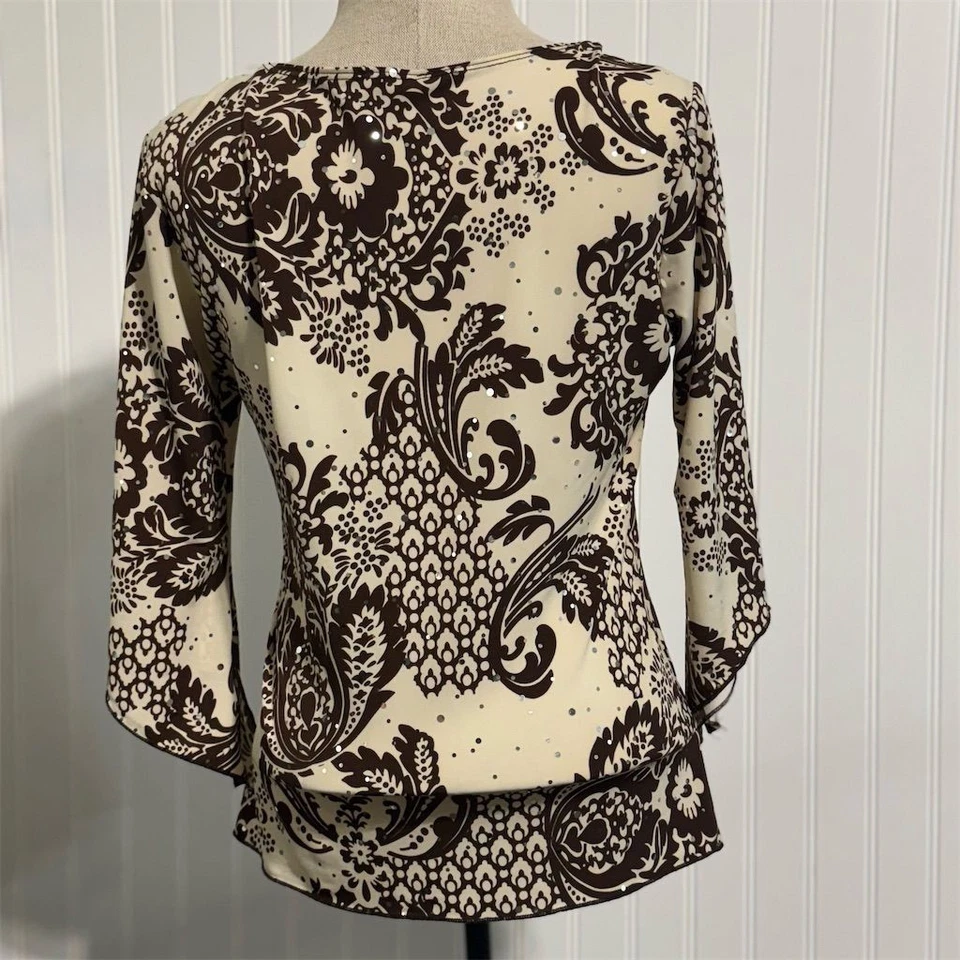 Blusa Y2K ajustada S marrom creme lantejoulas manga sino gola V estampa paisley boho glam - Imagem 3 de 4