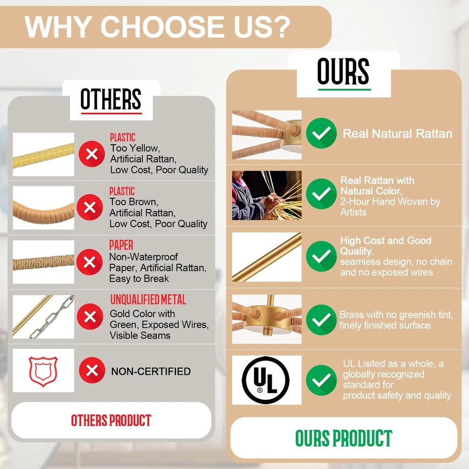 "Lámpara de araña de ratán boho 39"" 6 luces rústica industrial colgante luz grande ajustable... Foto 3 de 4