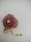 Vintage Giovanni Brooch Pin Womens Red Rose Gold Leaves Jewelry Costume