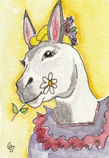 ACEO Original Watercolor Painting Donkey Dressed Funny Animal Art by CS Jackson