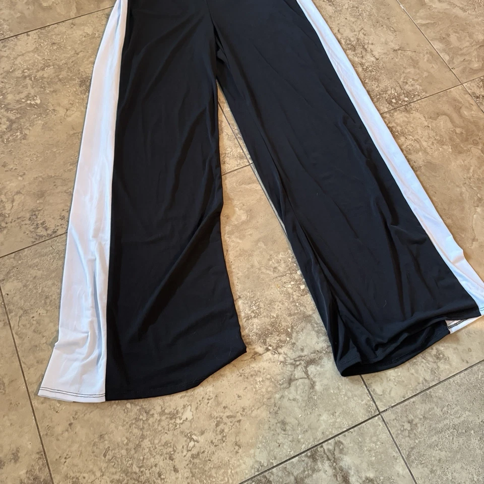 Mono Venus para mujer L negro blanco ribete pierna ancha sin mangas cinturón cuello en V Foto 4 de 4