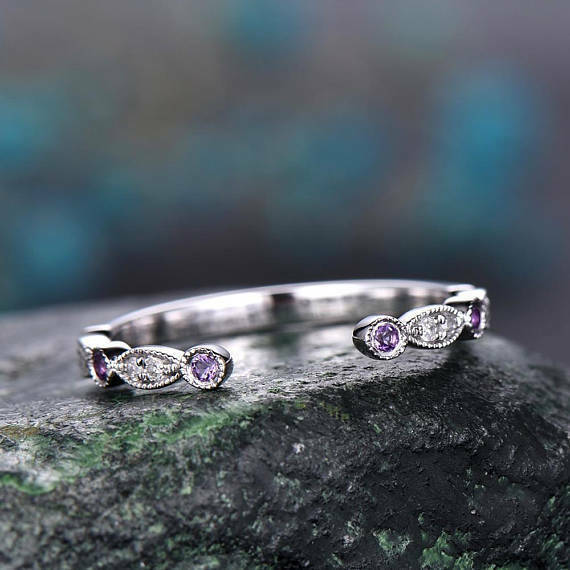 Natural Purple Amethyst Half Eternity Wedding Band in 925 Sterling Silver-image