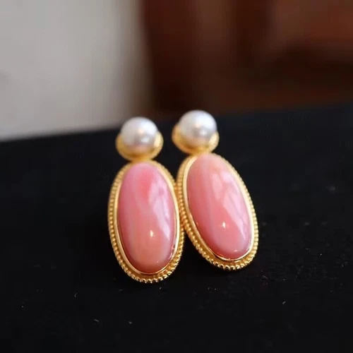 elegant  33*13mm south sea baroque pink conch  pearl dangle  earring 925s(t)