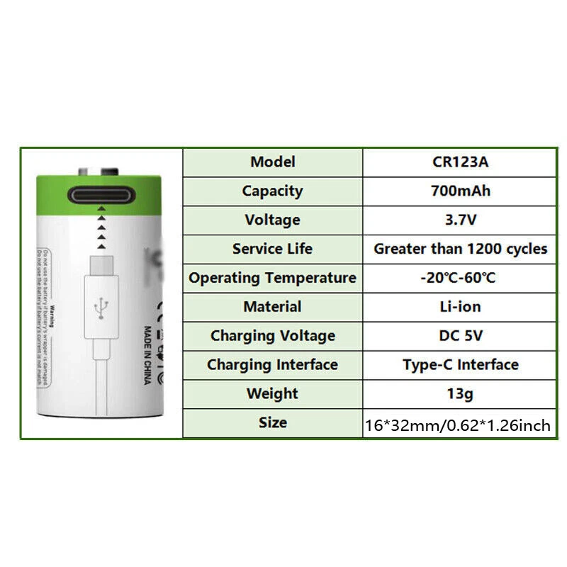 Lote de 2/4 piezas de batería recargable de iones de litio USB 700mAh CR123A/17345 3,7V tipo C Foto 4 de 4