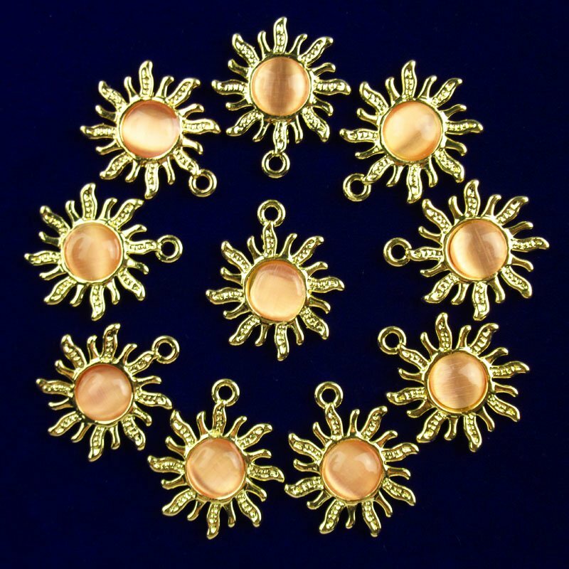 12Pcs 21x18x3mm Wrapped Pink Cat Eye Gem Tibetan Gold Sun Pendant Bead 3041PJ