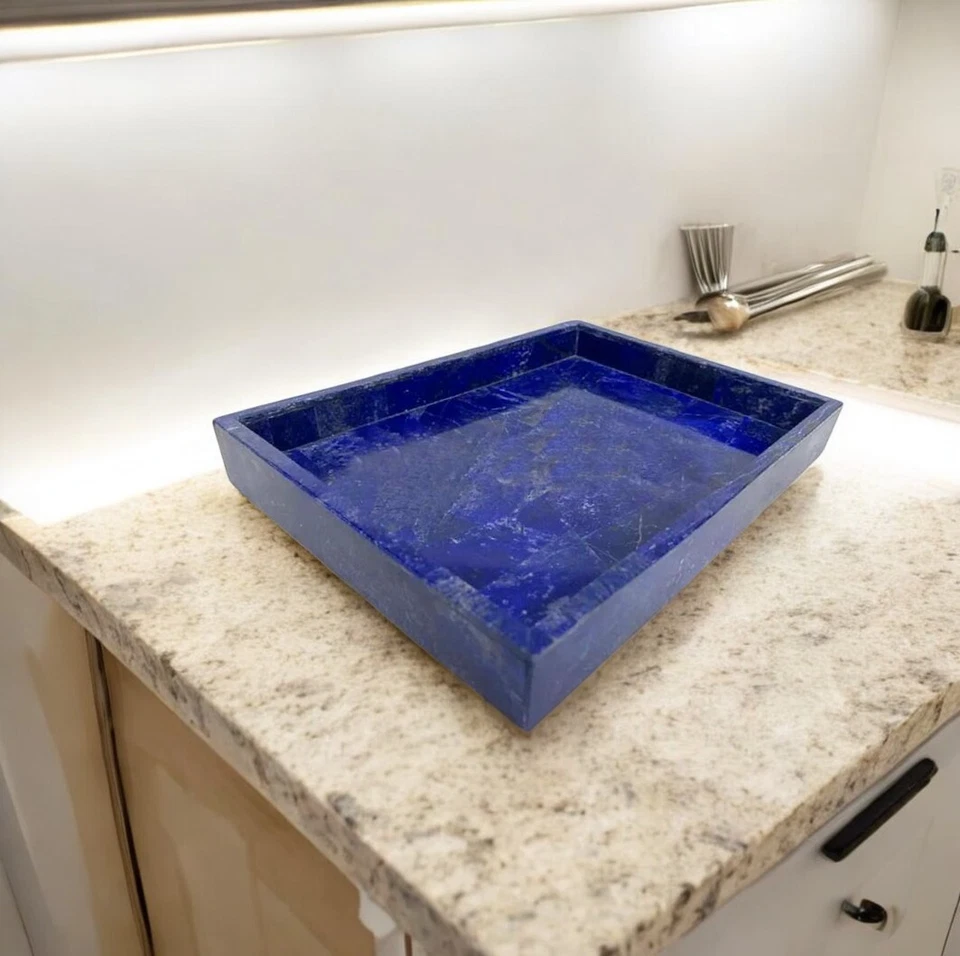 12"x18" Hand Carved Lapis Lazuli Stone Serving Tray Collectible Kitchen Decors - Image 3 of 4