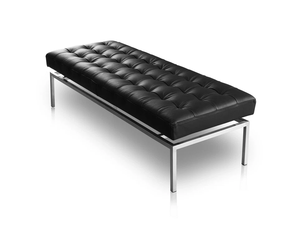 Long Bauhaus Banc Cuir Noir Sur Pied en Acier Inoxydable Qualité 160 X 61 CM