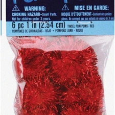 Ruby Sparkle Puffs - Vibrant 1" Tinsel Pom Poms, 6 Pack in Red/Red