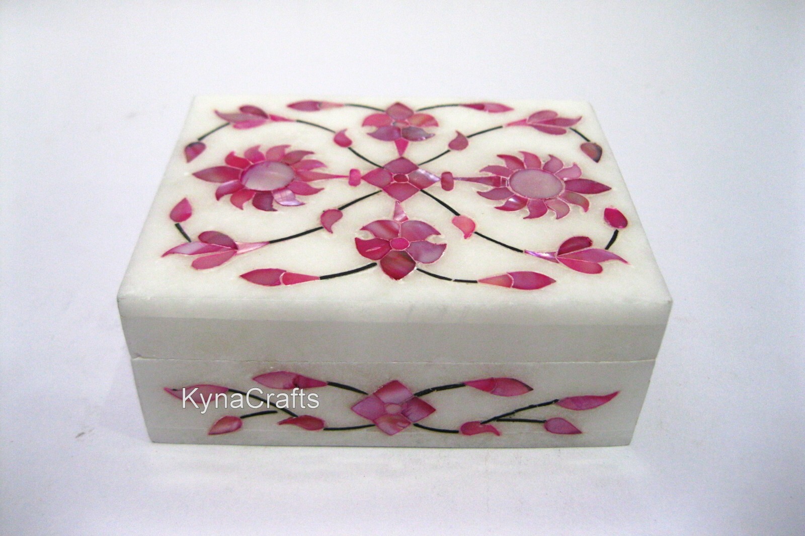 Pink MOP Inlaid Rectangle Marble Jewelry Box 4x3 Inches Bracelet Storage-image