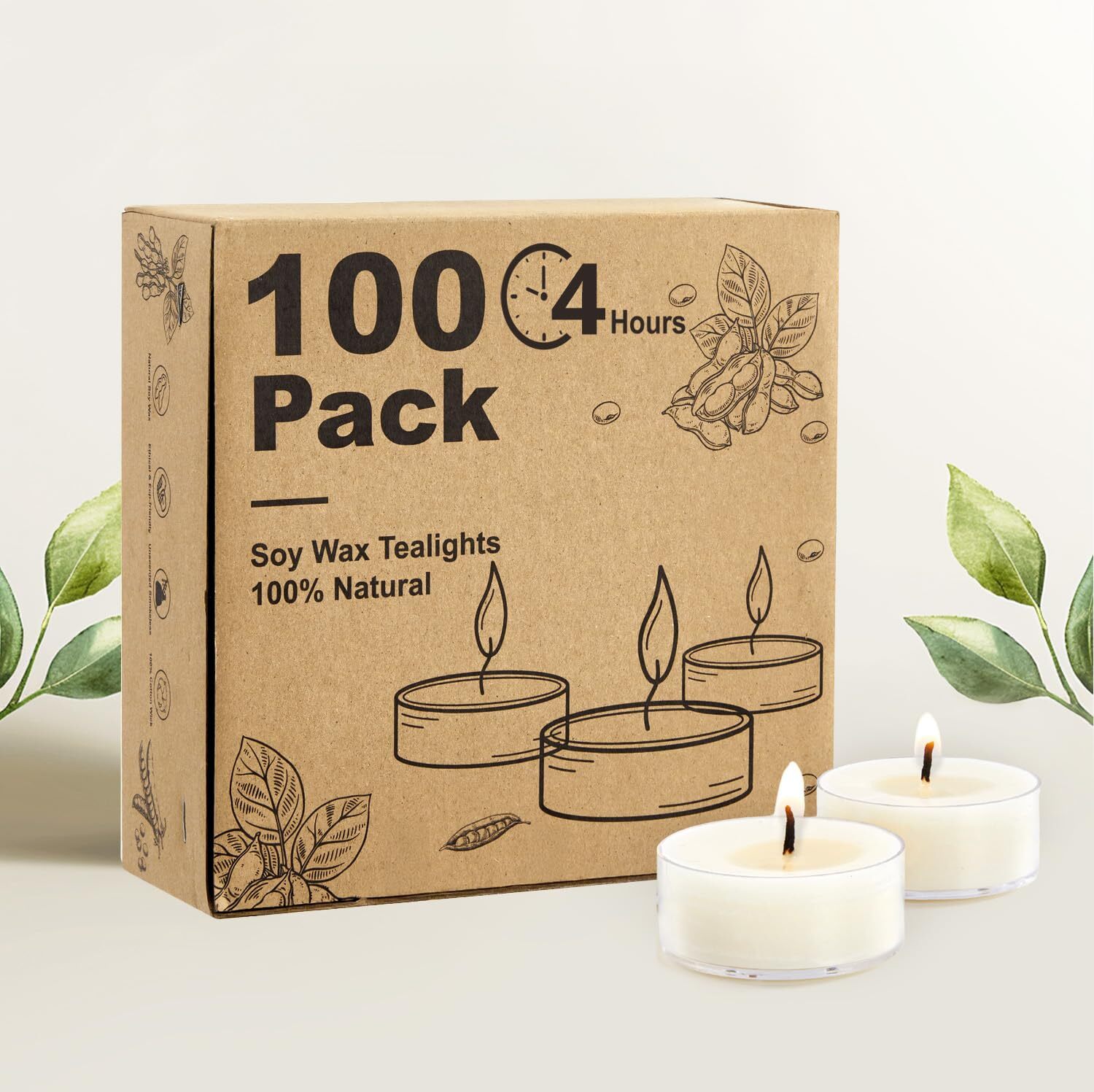 Unscented Soy Tea Light Candles 100-Pack 4-Hour Burn White Bulk