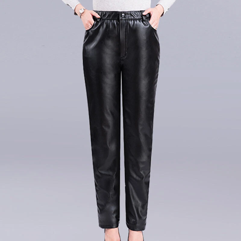 Coupe-Vent Femme Simili Cuir Pantalon Polaire Doublé Épais Chaud Hiver Pantalon - Photo 4/4