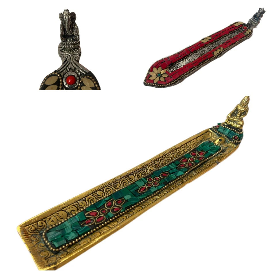 Long Metal Incense Holder with Resin -Burner Ash Catcher Indian God Deity Ethnic