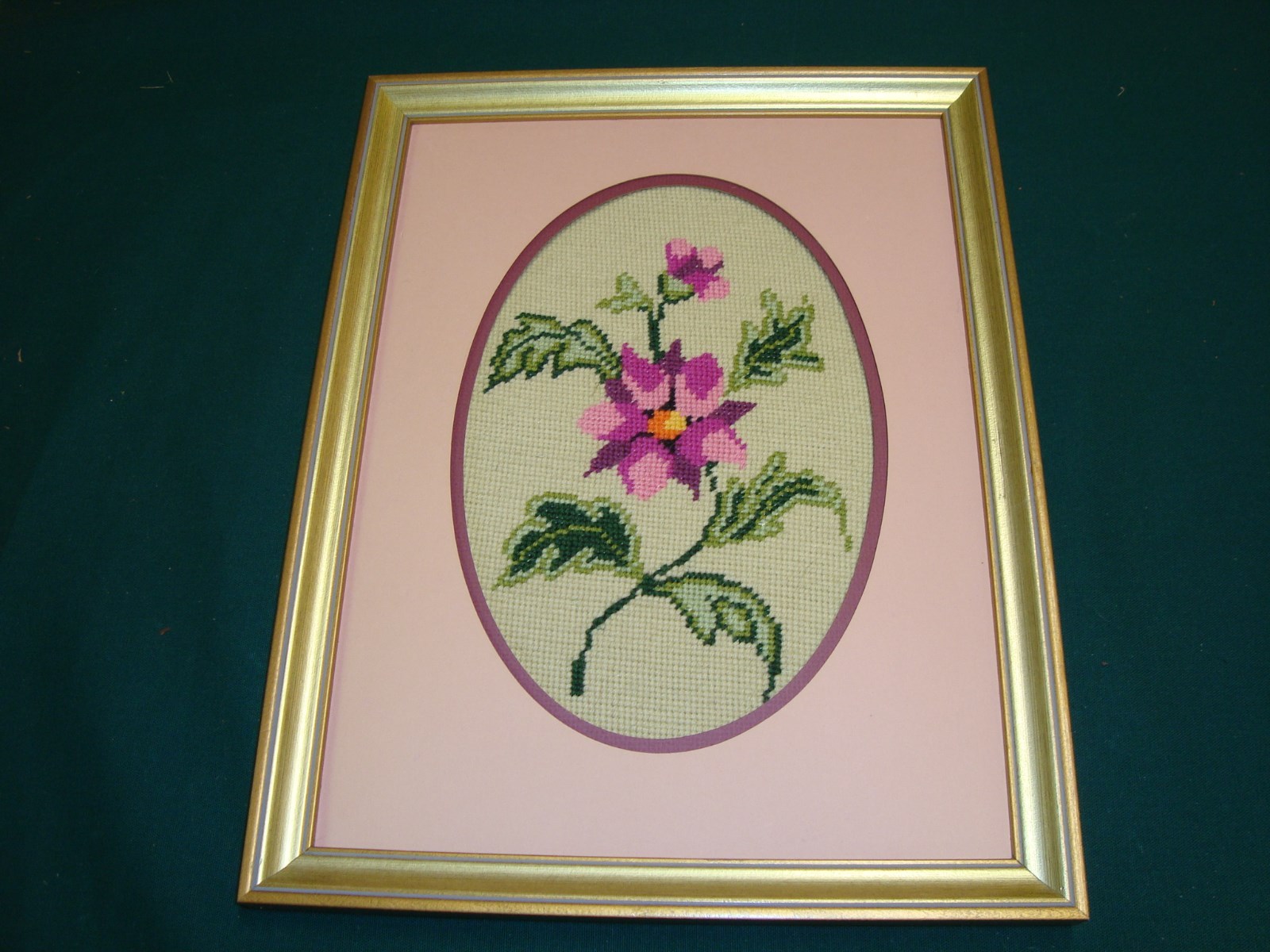 VTG COMPLETED NEEDLEPOINT FLORAL Oval Mat GOLD WOOD FRAMED PICTURE 13.5 ...
