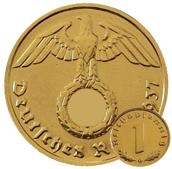 ++ 1 Reichspfennig 1937 mit HK - 24 Karat vergoldet ++