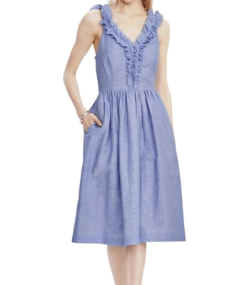 linen ruffle dress banana republic Banana Republic Linen Dress Women's 0 Blue Chambray Ruffle Sleeve Cotton