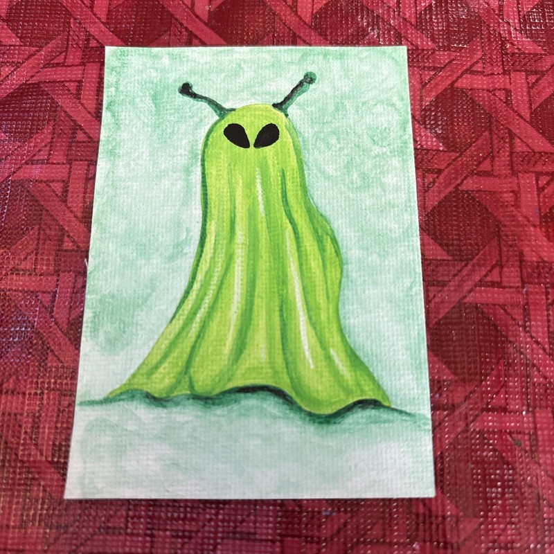 ACEO Original Acrylic Painting ATC Cute Alien Ghost Halloween with Antenna-ATC