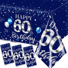 GREHUMOR 3Pcs 60th Birthday Tablecloth Decorations Sliver and Blue Table Cove...