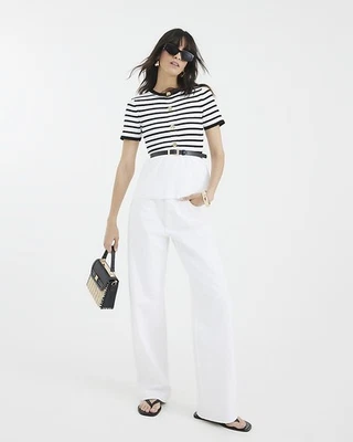 River Island Womens Peplum Top Cream Striped Knit Belted Short Sleeve Blouse - Image 1 of 4