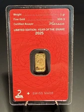 1 gram Gold Bar Argor Heraeus 2025 Lunar Year of the Snake 999.9 Fine in Assay