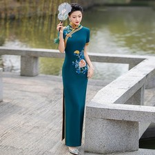 Women Embroidery Cheongsam Dress Stage Show Long Dress Banquet Party Full Dress
