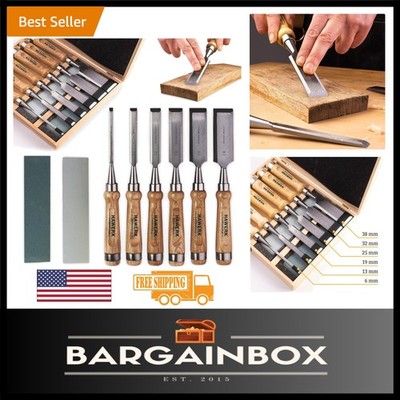 Professional Wood Chisel Set with Wooden Case - 6 Chisels & 2 Sharpening Stones